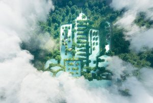 Image d'un bâtiment dessiné dans un forêt, avec les arbres. Cela illustre la construction écoresponsable avec les matériaux biosourcés respectueux