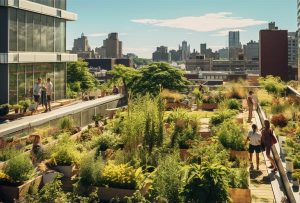 Image d'un écoquartier avec les bâtiments et un toit servant de parc potager partagé