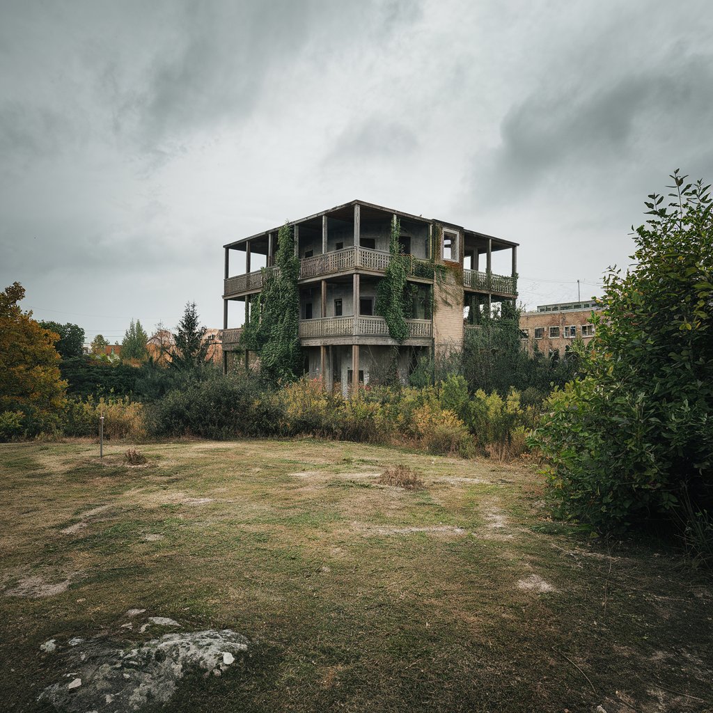 image d'un immeuble abandonné sur un terrain, qui pourra être réutilisé lors de la construction d'un écoquartier 