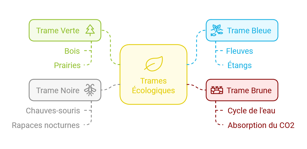 schéma des 4 trames écologiques utilisées dans l'écoquartier : trame verte, trame bleue, trame noire et trame brune.