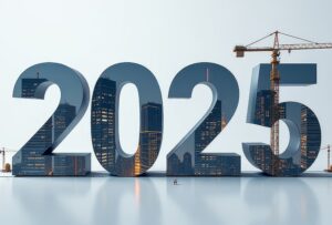 image du nombre "2025" constitué à partir d'images de chantiers, travaux, avec une grue sur le côté