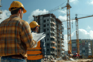 image de deux hommes dos à nous, faisant face à une grue et un bâtiment en cours de construction